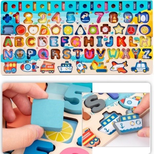 Joc Montessori din Lemn 7 in 1 cu Litere, Cifre, Inele, Pestisori, Vehicule, si Forme Geometrice #JJ5144 - Img 9
