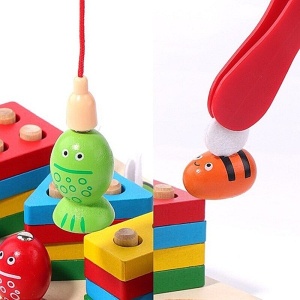 Joc Montessori din Lemn de Sortat si Pescuit cu Forme Geometrice, Peștișori și Albinuțe, Undița magnetică , Multicolor #JJ5118 - Img 4