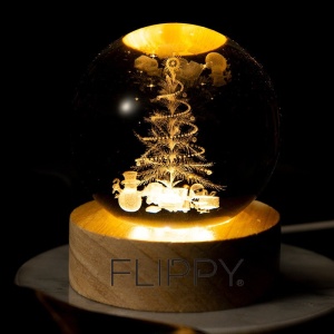 Lampa de Veghe Glob de Cristal - Model Brad de Craciun, baza de lemn, lumina calda, alimentare USB #JJ5449 - Img 3