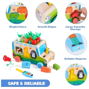 Masinuta Montessori Educativa din Lemn 6 in 1 cu Sortator, Figurine, Morcovi, Labirint #JJ5542 - Img 5