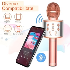 Microfon Karaoke pentru Copii, Bluetooth, Boxa Incorporata, Compatibil cu Orice Smartphone, Acumulator Integrat, Rose Gold #JJ5559 - Img 4
