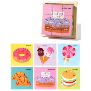 Puzzle 3D din Lemn, 9 Cuburi, 6 Fete, Model Dulciuri, tip Montessori #JJ5495
