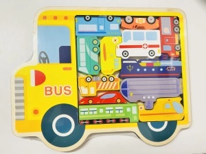 Puzzle 3D din Lemn tip Tetris, Autobuz scolar cu Vehicule,12 piese #JJ5258 - Img 4
