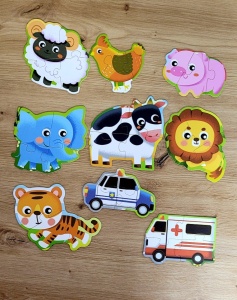 Puzzle din Lemn 20 buc din 2-4 piese, Animale si Vehicule, Multicolor #JJ5442 - Img 2