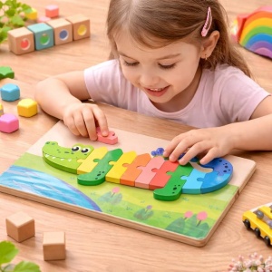 Puzzle din lemn cu placa suport, Crocodil, 11 piese mari, 30x15cm, Multicolor #JJ5596 - Img 3