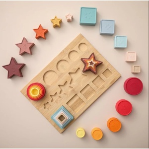 Set Educativ tip Montessori din Lemn si Silicon, cu Forme Geometrice Stivuibile, Multicolor #JJ5460 - Img 8