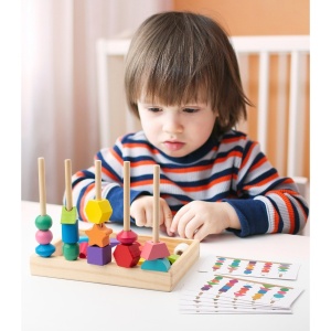 Sortator Montessori din Lemn cu 25 de Forme Geometrice, 16 Modele și 2 Sfori pt snuruit, Multicolor #JJ5119 - Img 7