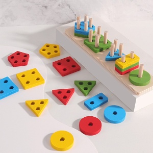 Sortator Montessori din lemn cu 5 coloane de pini și 20 forme geometrice #JJ5105 - Img 2