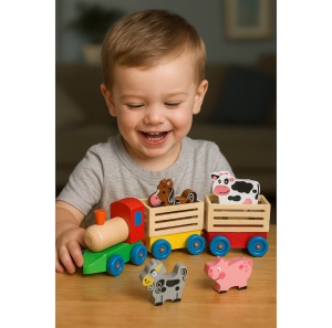 Trenulet din Lemn cu Animale, Locomotiva si 2 Vagoane, 40 cm, Multicolor #JJ5407 - Img 7