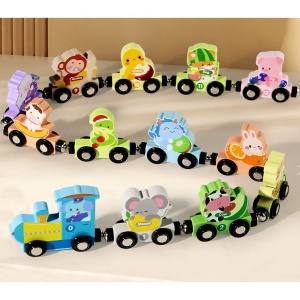 Trenulet educativ din Lemn, Magnetic, Model Animale Zoo, 92 cm, 13 piese #JJ5539