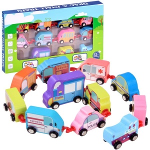 Trenuleț educativ din Lemn, Model Mijloace de Transport, 11 piese #JJ5275