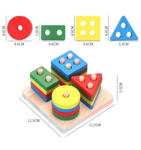 🌈Oferta zilei❗Sortator Montessori din Lemn cu 4 Coloane de pini si 16 Forme Geometrice #JJ5149 - Img 5