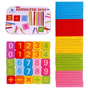 Bețișoare aritmetice, cifre si semne magnetice din lemn în cutie metalică, 75 piese #JJ5068 - Img 2