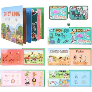Carte interactiva Quiet Book Montessori, piese cu scai reutilizabile, Model Lumea Animalelor, 10 pagini, #JJ5660 - Img 2