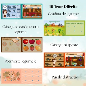 Carte interactiva Quiet Book Montessori, piese cu scai reutilizabile, Model Fructe si Legume, 10 pagini, #JJ5662 - Img 2