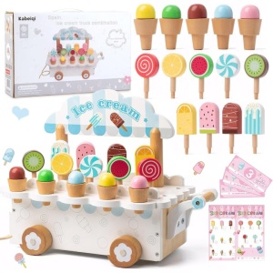 Carucior de Inghetata din Lemn cu Accesorii, snur de tras, Joc de Rol creativ, multicolor #JJ5139 - Img 2