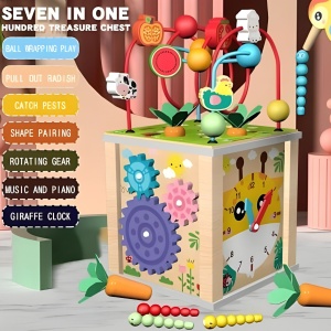 Cub Educativ Montessori din Lemn, Multifunctional (Sortator, xilofon, ceas, labirint etc) #JJ5544 - Img 6