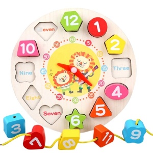 Incastru din Lemn Ceas cu 12 Forme pentru potrivit sau șiretuit, Model Leu #JJ5676