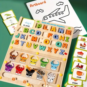 Joc Montessori 5 in 1 din Lemn, Sortare culori, Alfabet, Cuvinte, Desen, Operatii, cu Creion Magnetic si Marker #JJ5209 - Img 2