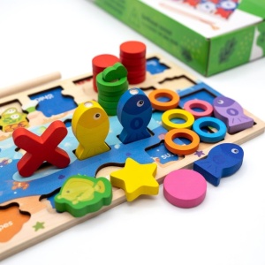 Joc Montessori din Lemn 4 in 1 cu Sortator Inele, Pestisori, Animale, X si 0, Forme Geometrice #JJ5571 - Img 5