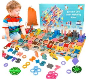 Joc Montessori din Lemn 7 in 1 cu Litere, Cifre, Inele, Pestisori, Vehicule, si Forme Geometrice #JJ5144 - Img 6