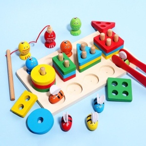 Joc Montessori din Lemn de Sortat si Pescuit cu Forme Geometrice, Peștișori și Albinuțe, Undița magnetică , Multicolor #JJ5118 - Img 5