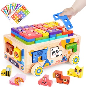 Masinuta Montessori din Lemn cu Sortator, Animale, Tetris si Snur pentru tras #JJ5015