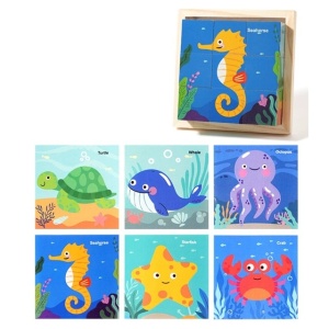 Puzzle 3D din Lemn, 9 Cuburi, 6 Fete, Model Animale Marine, tip Montessori #JJ5494