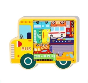 Puzzle 3D din Lemn tip Tetris, Autobuz scolar cu Vehicule,12 piese #JJ5258
