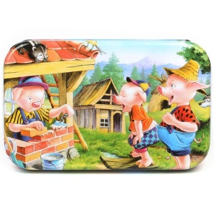 Puzzle 60 de piese din Lemn în cutie metalică, model Cei Trei Purceluși #JJ5117 - Img 1