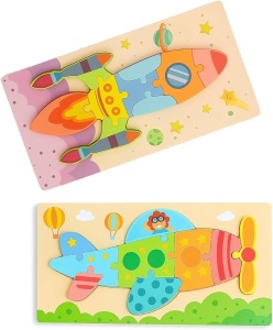 Puzzle din lemn cu placa suport, Avion, 10 piese mari, 30x15cm, Multicolor #JJ5599 - Img 7