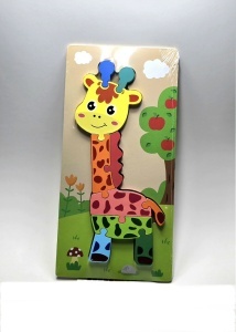 Puzzle din lemn cu placa suport, Girafa, 10 piese mari, 30x15cm, Multicolor #JJ5598 - Img 2
