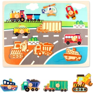 Puzzle Incastru Montessori din Lemn cu Maner: Transport, 9 piese #JJ5327