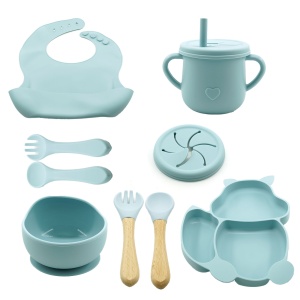 Set 10 piese Diversificare Bebelusi din Silicon, Model Veverita, fara alergeni, Baby Blue #JJ5604