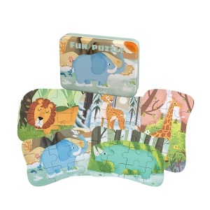 Set 5 Puzzle-uri cu Piese Mari in Cutie Metalica , Animale din Savana #JJ5651 - Img 3