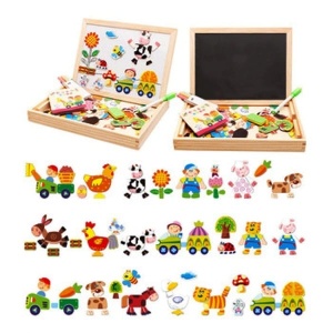 Set din Lemn 2 in 1, Model Ferma, cu Tablite, Magneti, creta, carioca, burete, 62 piese #JJ5153 - Img 4