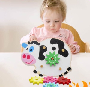Sortator din Lemn Vacuta cu Roti Dintate, forme geometrice, tip Montessori, Multicolor #JJ5424 - Img 5