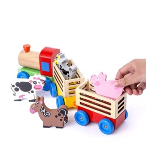 Trenulet din Lemn cu Animale, Locomotiva si 2 Vagoane, 40 cm, Multicolor #JJ5407 - Img 4