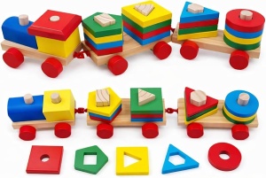 Trenulet din Lemn cu Locomotiva si 2 Vagoane, Sortator, 19 Forme Geometrice #JJ5154 - Img 2