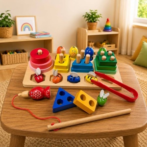 🌈Oferta zilei❗Joc Montessori din Lemn de Sortat si Pescuit cu Forme Geometrice, Pestisori si Albinute, Undita magnetica , Multicolor #JJ5118