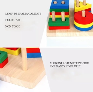 🌈Oferta zilei❗Sortator Montessori din Lemn cu 4 Coloane de pini si 16 Forme Geometrice #JJ5149 - Img 2