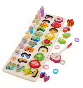 Joc educativ din lemn tip Montessori, 3 in 1: sortator culori, cifre și fructe pentru feliat #JJ5043 - Img 4