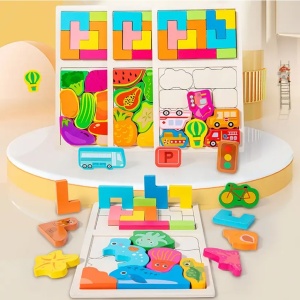 Joc Geometric 2 in 1 tip Tetris din Lemn, Model Fructe, Potrivire Logica, 21 piese #JJ5612 - Img 7