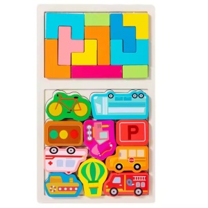 Joc Geometric 2 in 1 tip Tetris din Lemn, Model Masini, Potrivire Logica, 21 piese #JJ5166 - Img 4