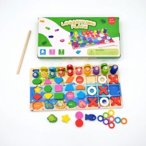 Joc Montessori din Lemn 4 in 1 cu Sortator Inele, Pestisori, Animale, X si 0, Forme Geometrice #JJ5571 - Img 2