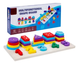 Joc Montessori din Lemn de Sortat cu Forme Geometrice si Cifre, Multicolor #JJ5362