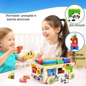 Masinuta Montessori din Lemn cu Sortator, Animale, Tetris si Snur pentru tras #JJ5015 - Img 2