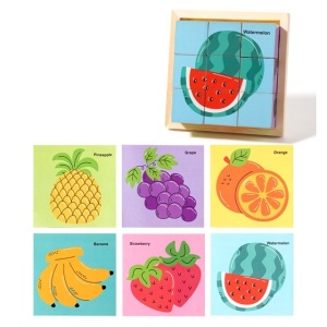 Puzzle 3D din Lemn, 9 Cuburi, 6 Fete, Model Fructe, tip Montessori #JJ5493
