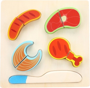 Puzzle 3D din Lemn Model Alimente cu Scai si Cutit de Feliat, 10 piese, tip Montessori #JJ5423