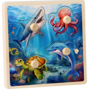 Puzzle Incastru din Lemn cu 4 butoni - Animale Marine #JJ5007